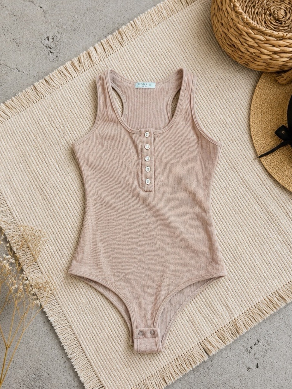Women’s Ribbed Tank One-Piece Bodysuit in Light Taupe